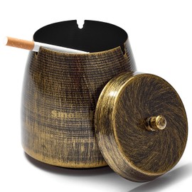 Ashtray with Lid for Outside Patio, Windproof Ash Tray, Bronze Smokeless Ashtray for Outdoor Home Office Tabletop Patio Outdoor Balcony, Medium