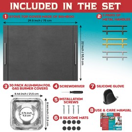 RVTHEUS® Noodle Board Stove Cover, 29.5x22", Stove Top Covers for Gas Burners and Electric Stoves, Includes 30 Stove Burner Covers, 3 Sets of Handles and 1 Glove, Stove Top Covers for Electric Stove