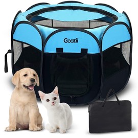 Goozii Dog Playpen for Large Dogs Portable Collapsible, Indoor Outdoor Cat Pet Puppy Exercise Play Pen Tent Crate Cage with Zipper Door Top Cover Floor for Camping (Large Size, Blue)
