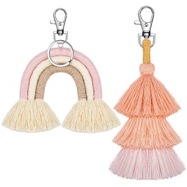 Hicarer 2 Pieces Boho Rainbow Keychains Pom Pom Tassel Macrame Keychains for Women(Classic Color)