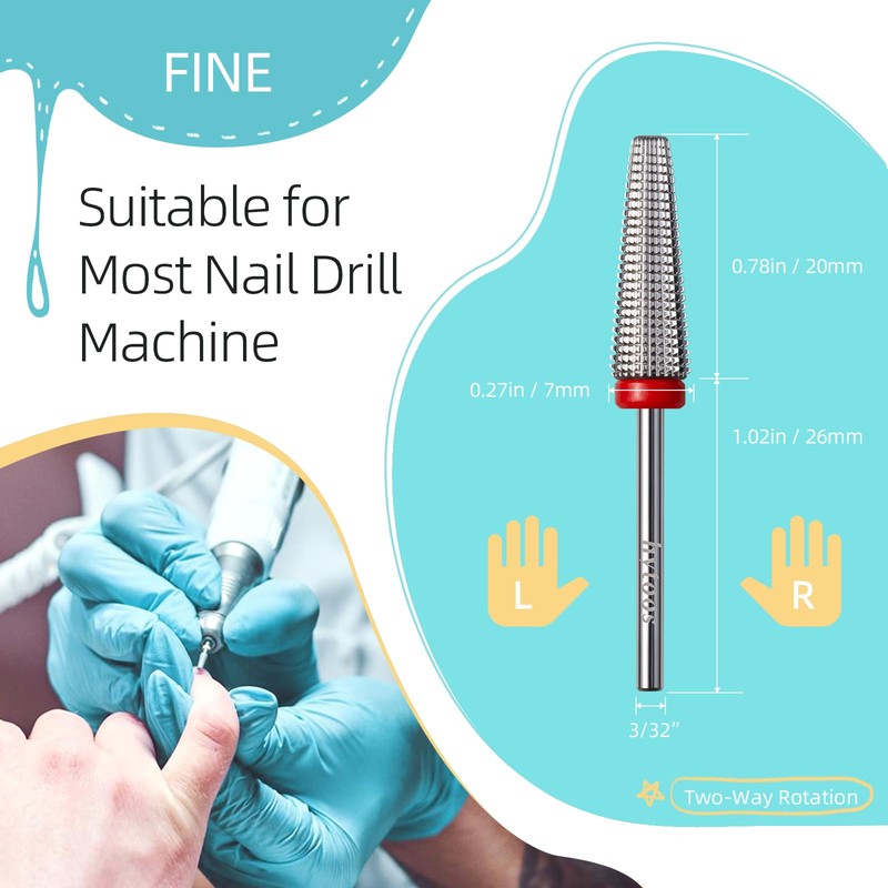 HYTOOS Fine Long 5 in 1 Nail Drill Bits, 20mm