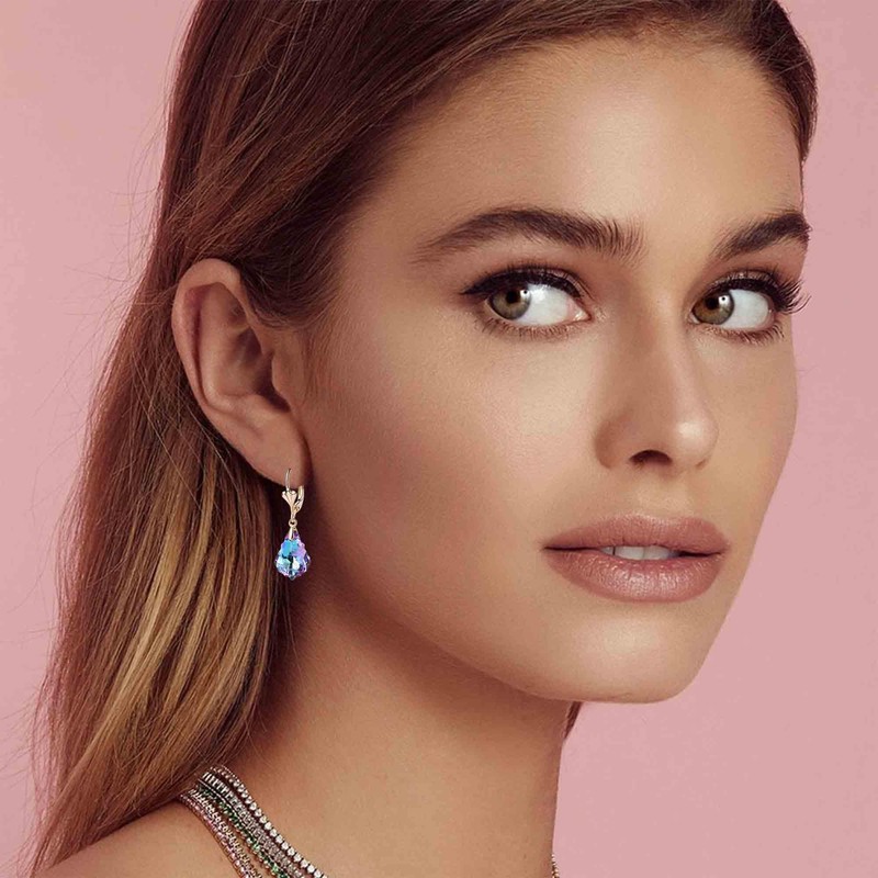 Austrian Crystal Baroque Drop Leverback Earrings for Women Fashion 14K