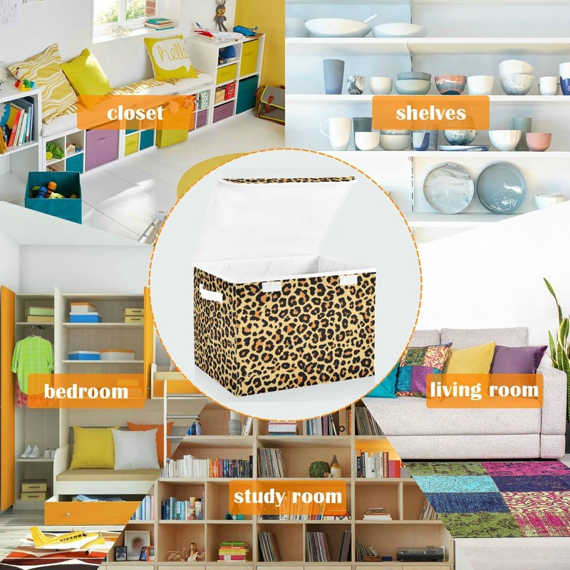 CaTaKu Large Fabric Storage Bins With Lids, Brown Leopard Print