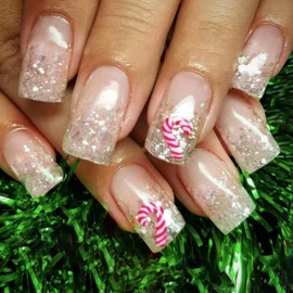 Christmas Press on Nails Medium Square Fake Nails with Cute Crutch Design Sliver Glitter Nails Press ons Glossy Full Cover White Glue on Nails Winter Xmas Holiday Acrylic Nails for Women 24Pcs