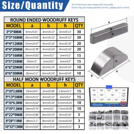 Glarks 211Pcs Woodruff Key with Round Ended Feather Key Assortment Kit, 7 Sizes Half Moon Keys and 8 Sizes Stainless Steel Keystock for Fasteners Mechanical Industry