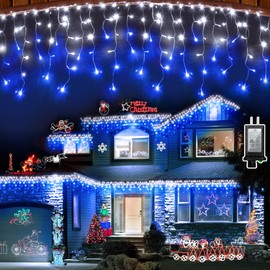1296 LED Outdoor Christmas Lights with 288 Drops, 131FT Christmas Fairy Lights with 8 Modes Timer, Christmas Twinkly Lights IP44 Waterproof for Eaves Yard Holiday Wedding Party Decor Blue & Cool White