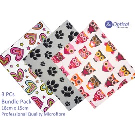 Go Optical Microfiber Glasses Spectacle Phone Lens Screen Cleaning Cloths Owl Paw Rainbow Heart Cloths x3 (3pc Mixed Pack)