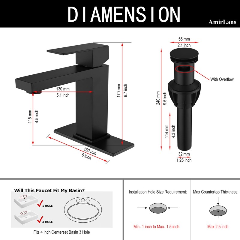 AmirLans Black Faucet Bathroom, Stainless Steel Matte Black Bathroom Faucet
