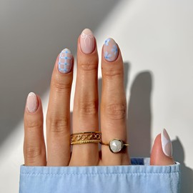 Short Almond Press On Nails Line Fake Nails Press Ons With Flower Bow Design Blue Stick On Nails Reusable Glossy Acrylic False Nails Floral Full Cover Glue On Nails For Women Girls