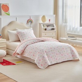 Joyreap Twin Size Quilt Set for Girls, Colorful Butterflies Pink Design, 2pcs Soft n Cozy Microfiber Quilt, Bedspread Bed Cover for All Season- 68x88 inches