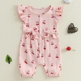 XIXIMAON Baby Girls Rompers Cherry Print Round Neck Flying Sleeve Bow Decor Button Down Bodysuits Infant Outfit Newborn Summer Clothes Linen Jumpsuit (Pink, 12-18 Months)