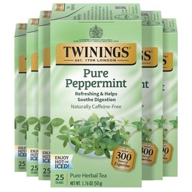 Twinings Pure Peppermint Herbal Tea Individually Wrapped Bags, 25 Count (Pack of 6), Fresh Minty Flavour, Naturally Caffeine-Free, Enjoy Hot or Iced, 150 Teabags