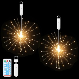 ACALEPH 120LED Firework Lights Rechargeable,Hanging Likes Star Fairy String Light 8 Modes,Waterproof Warm Light with Remote Control for Party,Christmas,Indoor Outdoor Decoration-2 Pack