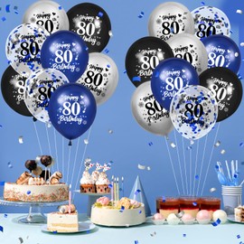 24Pcs Blue 80th Birthday Balloons Navy Blue Black Silver Happy 80th Birthday Latex Balloons Confetti Balloons for Men Women 80th Birthday Anniversary Party Decorations Supplies 12 inches