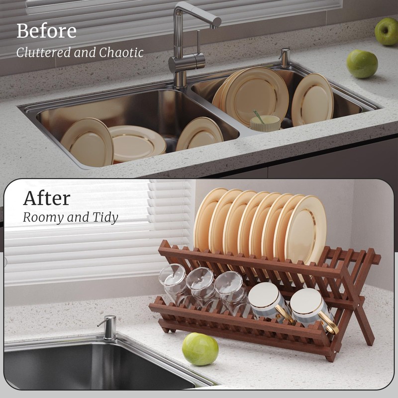 VERTORGAN Teak Dish Drying Rack,Folding Collapsible Drainer Plate Organizer Holder