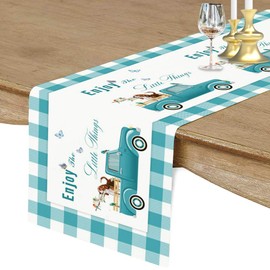 Teal Green Table Runner, 13 x 70 inch Farm Truck Carrying Dog Flower Turquoise White Buffalo Plaid Table Runner for Holiday Family Dinner, Farmhouse, Indoor or Outdoor Parties(Cotton-Polyester Blend)