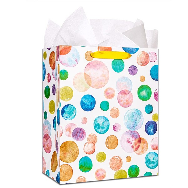 WaaHome 13''x10.5''x5.8'' Large Gift Bag with Handle, Watercolor Dots Gift Bag for Women Girls Mom, Gift Bags for Back to School Graduation Retirement Birthday Mothers Day Thanksgiving Christmas New Year