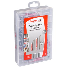 fischer Practical helper for wet and outdoor use, dowel box, 120 pieces with stainless steel screws and DuoPower dowels, universal set for fixings in damp rooms and outdoor areas
