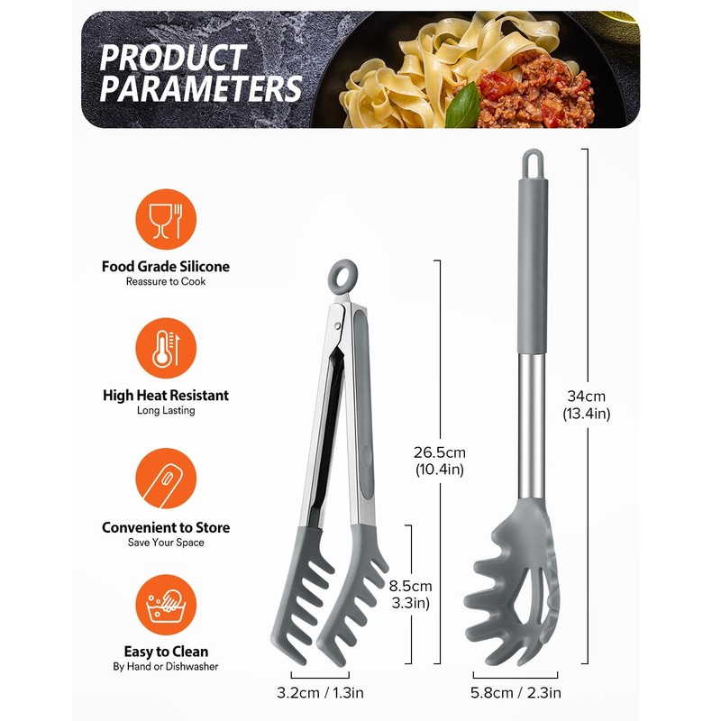 Silicone Spaghetti Spoon & Pasta Tong, Non-Stick Stainless Steel Handle