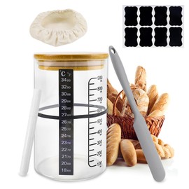 Sourdough Starter Jar, 34OZ DIY Pro Glass Sourdough Starter Kit, Wide Mouth Glass Jar with Thermometer, Spatula, Cloth Cover,Blackboard Stickers and Pen, Reusable Sourdough Bread Baking Supplies