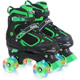 Nattork Adjustable Roller Skates for Kids - Green - Model 139 - Light-up wheels - Size: Large (5-8)