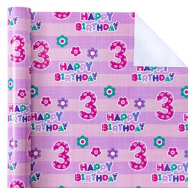 WRAPAHOLIC 3rd Birthday Wrapping Paper - Mini Roll - 17 Inch x 9.8 Feet - Pink Floral and Happy Birthday Wrapping Paper for Girls, Baby Shower, Party, Holiday