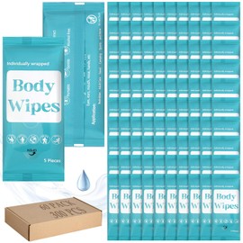 Threlaco 300 Pcs 60 Pack Body Wipes for Adults Bathing No Rinse Individually Wrapped Shower Wipes Washcloth with Aloe Cleansing Body Wash Cloths Disposable Bulk Deodorant Homeless(Blue Background)