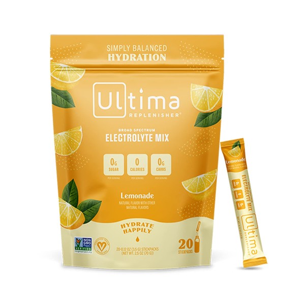 Ultima Replenisher Hydration Electrolyte Packets- 20 Count- Keto & Sugar Free- On the Go Convenience- Feel Replenished, Revitalized- Non-GMO & Vegan Electrolyte Drink Mix- Lemonade​