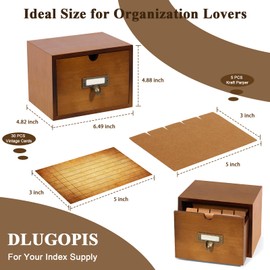 DLUGOPIS 3x5 Index Cards Holder Wood Index Card Organizer Box Flash Card Holder Recipe Cards Holder with Drawer 30 Pcs Vintage Library Cards 5 Kraft Dividers For Gifts Cards Home Office