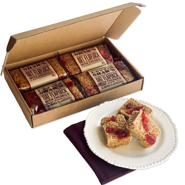 Lottie Shaws - Letter Box Pack of 4 Traditional Oat Flapjacks with Cherries & Almond Flavouring 400g, Seriously Good Yorkshire Treat, Great Gift for Posting, in a Letterbox Sized Gift Box, Vegan Treat