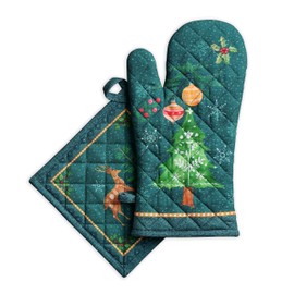 Maison d' Hermine Oven Mitt (7.5"x13") & Pot Holder (8"x8") 100% Cotton Kitchen Oven Mitt + Pot Holder Heat Resistant for Gifts, Banquet, Barbeque, Hygge Christmas -Thanksgiving/Christmas