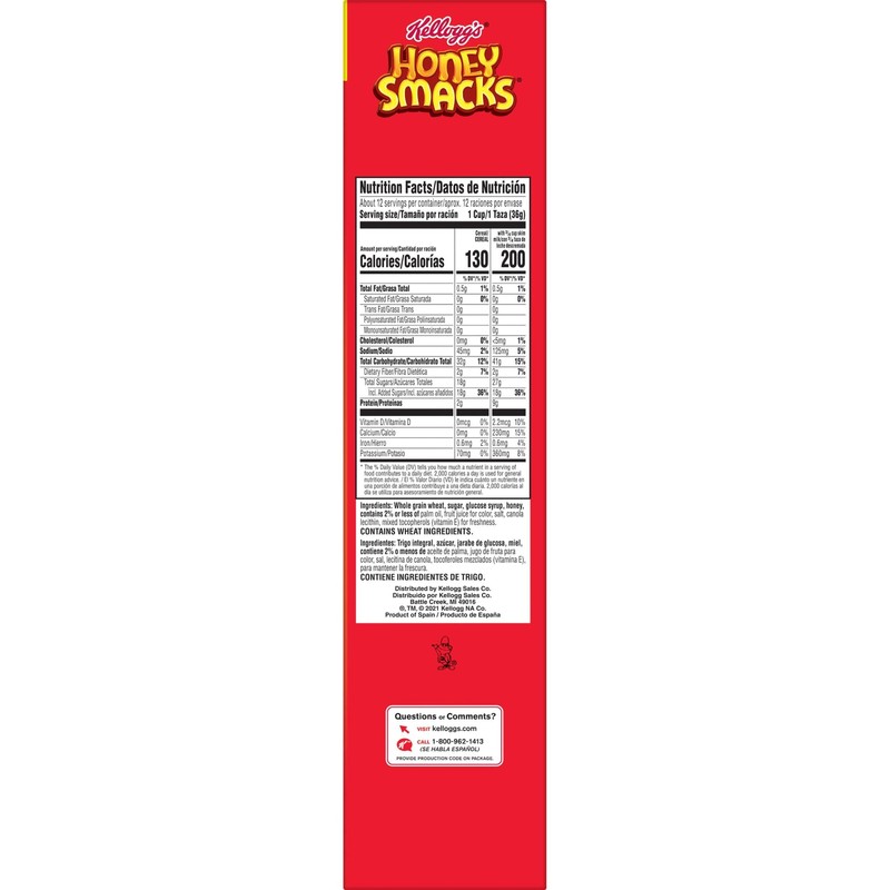 Kellogg's Honey Smacks Breakfast Cereal, Made with Whole Grain, 15.3