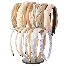 Josmimic Gold Headband Holder and Scrunchie Organizer: Hair Accessory Storage Stand with Black Marble Base, Two-Tier Design for Bathroom, Vanity, or Dresser