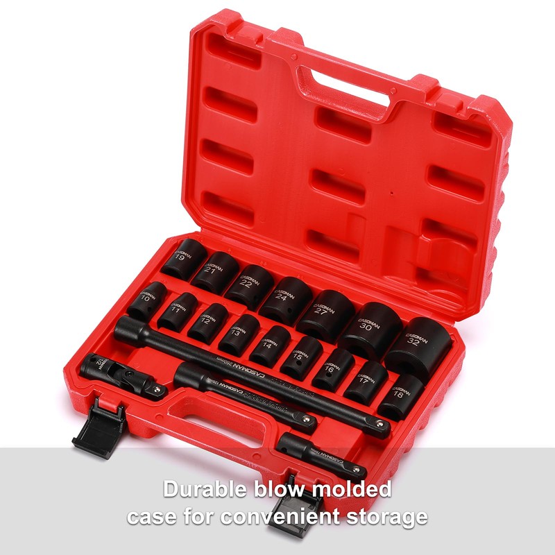 CASOMAN 1/2-Inch Drive Shallow Impact Socket Set, Metric, 10mm-32mm, CR-V,