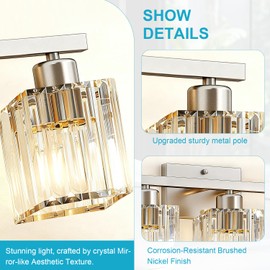 GOLSPARK Modern Crystal Bathroom Vanity Light, 3-Light Brushed Nickel Vanity Lighting Fixtures Over Mirror for Bathroom, Wall Sconce Bath Wall Light, E26 Base Square Crystal Shades (Exclude Bulb)