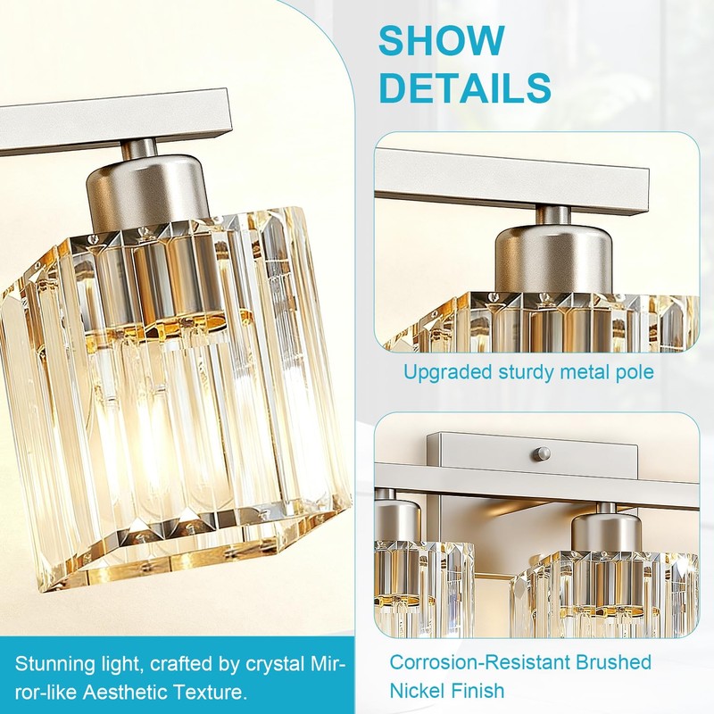 GOLSPARK Modern Crystal Bathroom Vanity Light, 3-Light Brushed Nickel Vanity
