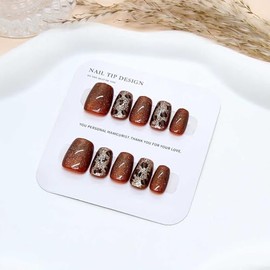 RikView Uñas postizas cuadradas de cobertura completa con acabado ojo de gato, color caramelo, brillantes, para mujer, 15 tamaños (30 unidades/juego)