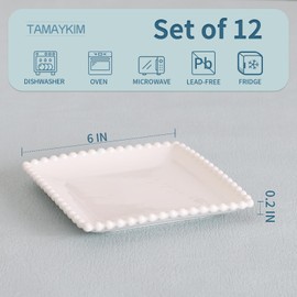 TAMAYKIM 6 Inch Porcelain Dinner Plates, Small Dessert Plate, Appetizer Plates, Square Shape Dinnerware Sets, Scratch Resistant, Microwave, Oven, and Dishwasher Safe, White with Pearl Dots, 12 Pieces
