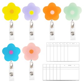 Qoroos 6 Sets Retractable Badge Reel with 12 Badge Holders Cute Flower Nurse Badge Reel Clip with ID Card Holder Waterproof for Nursing Worker Teacher