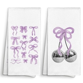 MONALET Purple Trendy Coquette Bow Preppy Kitchen Towels Decorative Set of 2, Retro Disco Ball Dish Towel Cloths Tea Towel for Teen Girls Dorm, Aesthetic Bathroom Dishcloths Hand Towel Decor 16x24
