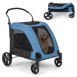 Giantex Dog Stroller for Large Dogs - Extra Large Pet Stroller for Senior Dogs, Safety Belt, Adjustable Handle, Removable Pad, Folding Dog Jogging Wagon Cat Carriage Stroller, Up to 132 lbs (Blue)