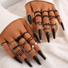 FAXHION 27 Pcs Gold Knuckle Rings Set for Women, Vintage Stackable Boho Snake Finger Rings, Midi Hollow Rings Pack (C-Black-22pcs)