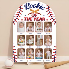 Wenqik Baseball My First Year Photo Board 12 Months Wooden Picture Frame Milestone Photo Board Rookie of The Year First Birthday Decoration for 1st Birthday Decor Baby Keepsake Gift, Fits 2" x 3"