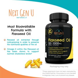 Next Gen U Flaxseed Oil w/Omega 3, 6, 9, Cold Pressed Food Supplement 1000 mg 120 Vegan Softgels