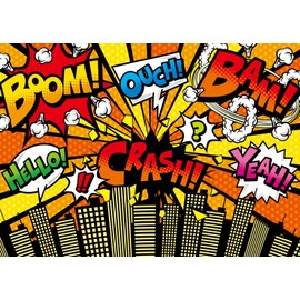 Loccor Fabric 8x6ft Superhero Super City Photography Backdrops Skyline Buildings City Boom Ouch Bam Yeah Crush Background Supermen Theme Birthday Party Banner for Boy Portrait Photo Studio Props