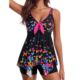 Hanna Nikole Costumi da Bagno Tankini da Donna, 2 Pezzi, Costume da Bagno con Controllo della Pancia, Top a Tankini con Stampa Floreale Fluida e Pantaloncini, Farfalle colorate., XL