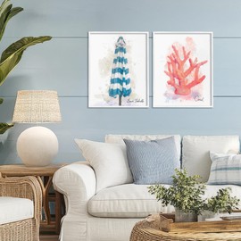 Stupell Industries Beach Umbrella & Coral Branch 2 Piece White Framed Giclee Art Set design by Matthew Piotrowicz, 20 x 16