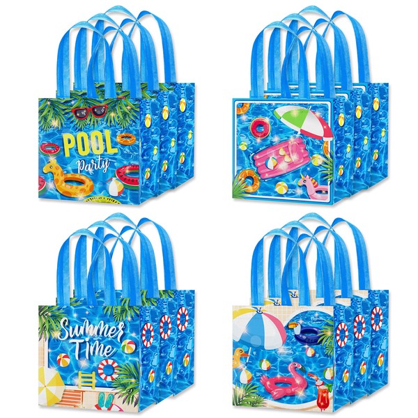 CIEOVO 12 Pack Summer Beach Pool Hawaiian Non-Woven Gift Bags Tote Bags with Handles Summer Party Reusable Grocery Shopping Bag for Beach Summer Holiday Swimming Pool Party Favors