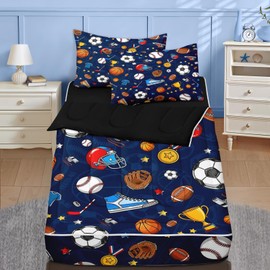 Nesker Twin Zipper Bedding, Football Balls Zipper Bedding Sets for Boys, 3pcs All in on one, Soccer Sport Kids Comforter Set with Fitted Sheet and 2 Pillowcases