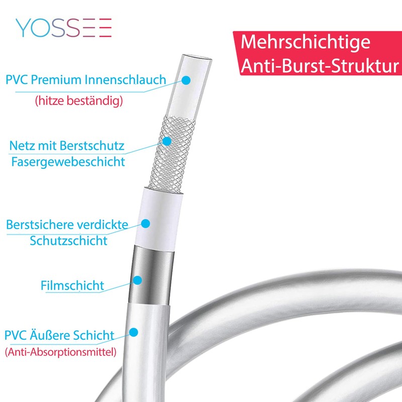 Yossee Duschschlauch 2 Meter PVC Glatter Brauseschlauch mit verdrehsicheren Messinganschlüssen,
